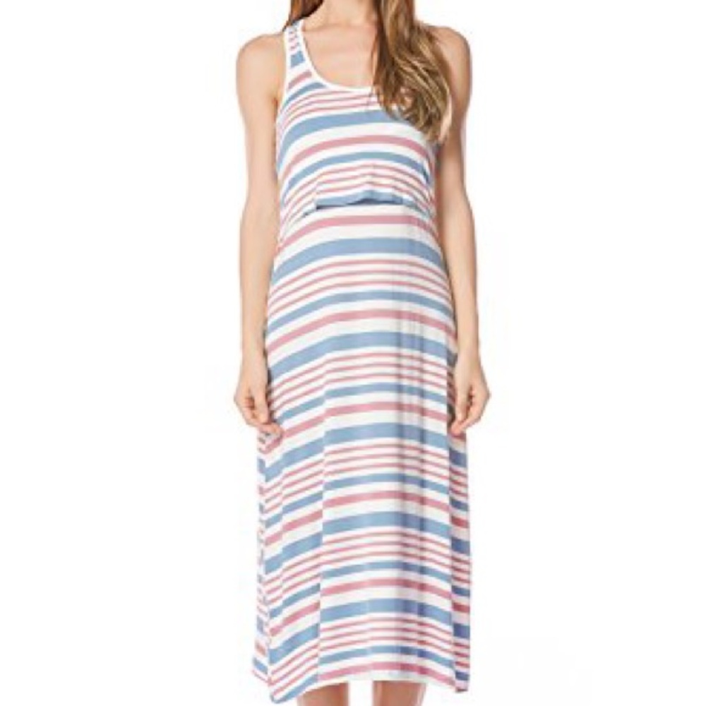 Bearsland Women’s Maternity Nursing Breastfeeding Striped Sleeveless Midi Dress